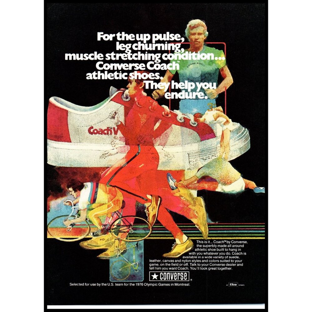 1975 Converse Coach Athletic Shoe Vintage Print Ad Cycling Track Field Wall Art